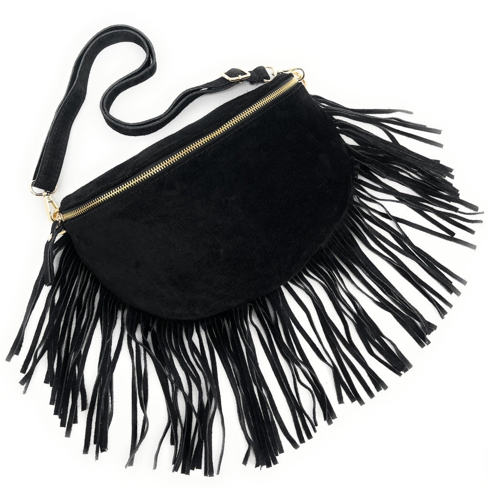 Sac banane en croûte de cuir à franges LOU RODEO Noir