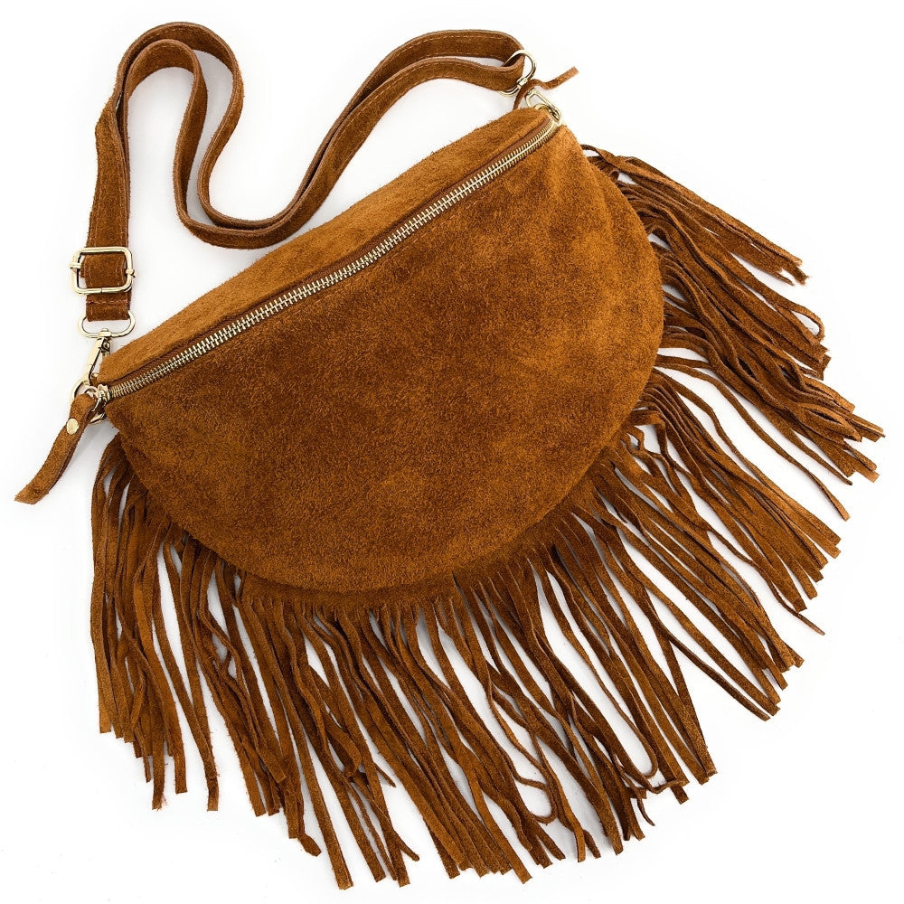 Sac banane en croûte de cuir à franges LOU RODEO Camel