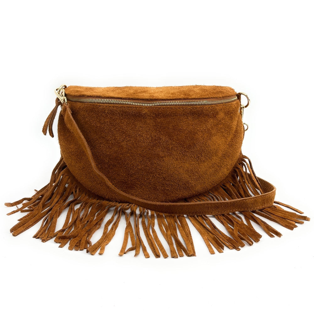Sac banane en croûte de cuir à franges LOU RODEO Camel