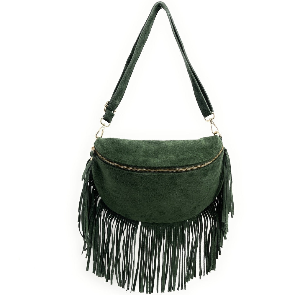 Sac banane en croûte de cuir à franges LOU RODEO Vert forêt