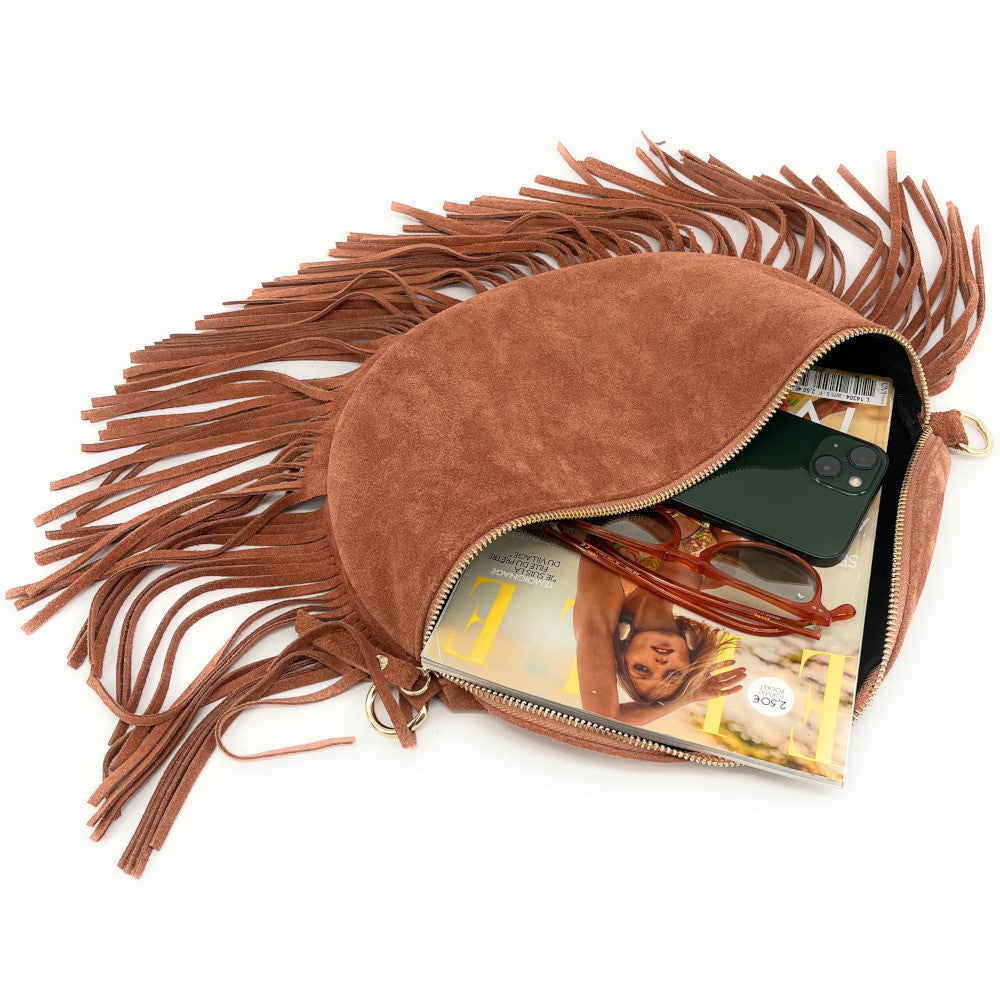 Sac banane en croûte de cuir à franges LOU RODEO Rose intense