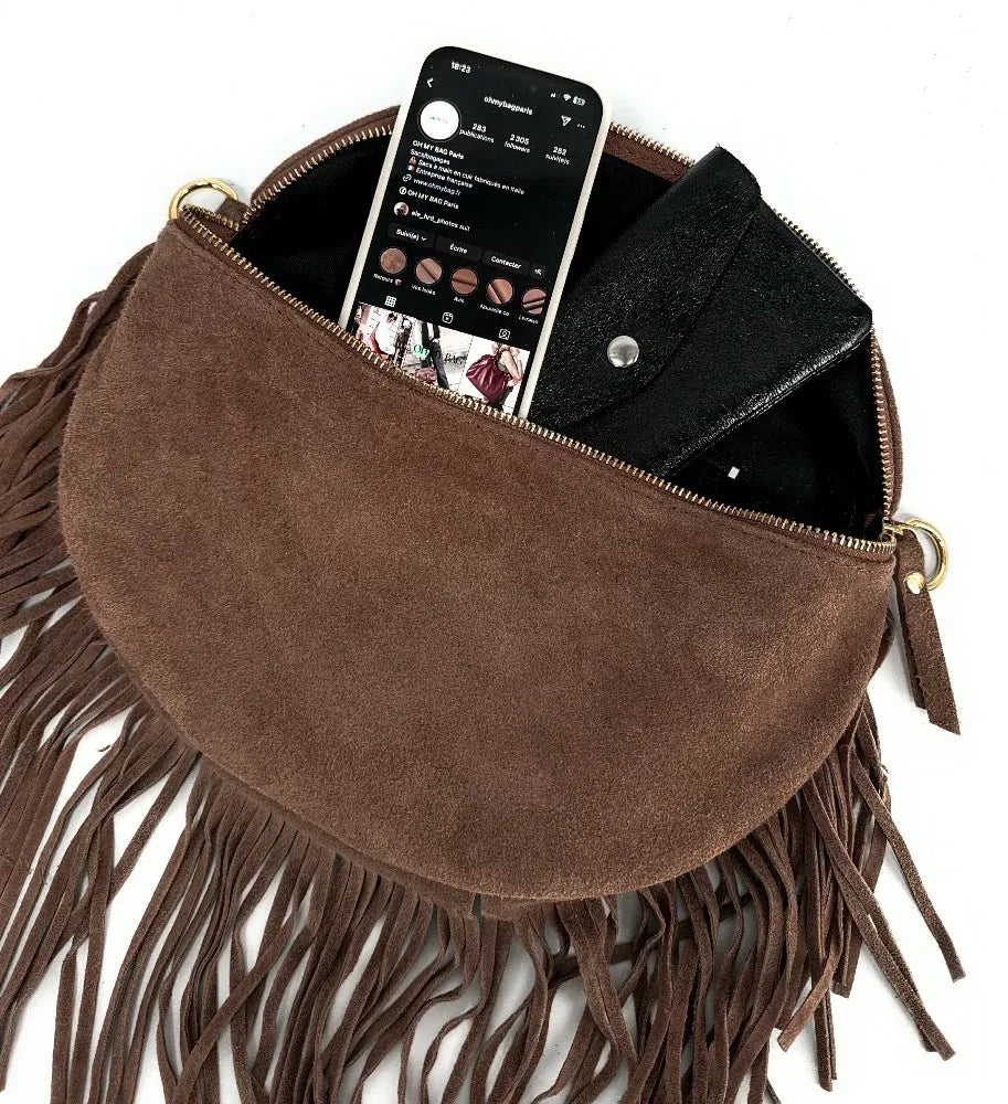 Sac banane en croûte de cuir à franges LOU RODEO Chocolat