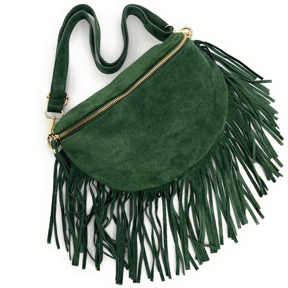 Sac banane en croûte de cuir à franges LOU RODEO Vert forêt