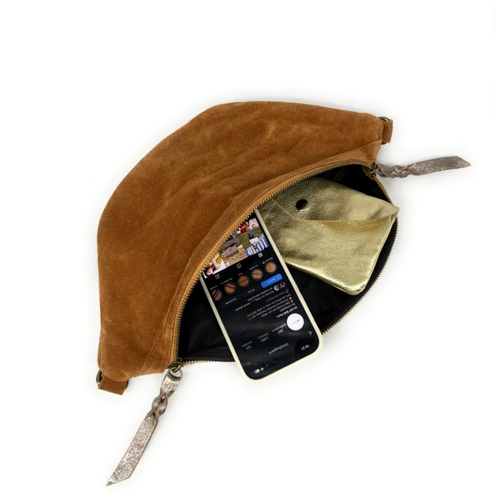 Sac banane en croûte de cuir LILOU SUEDE Camel