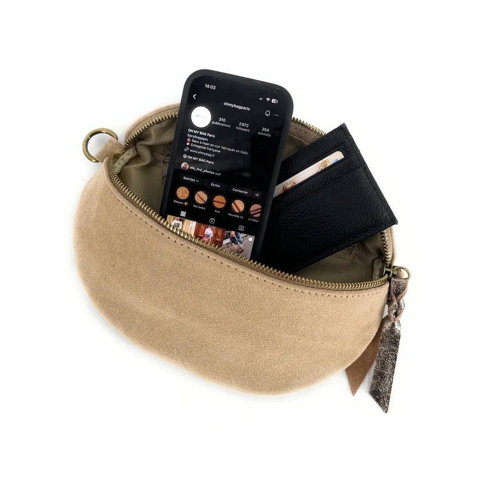 Sac banane en croûte de cuir LOU SUE Taupe clair