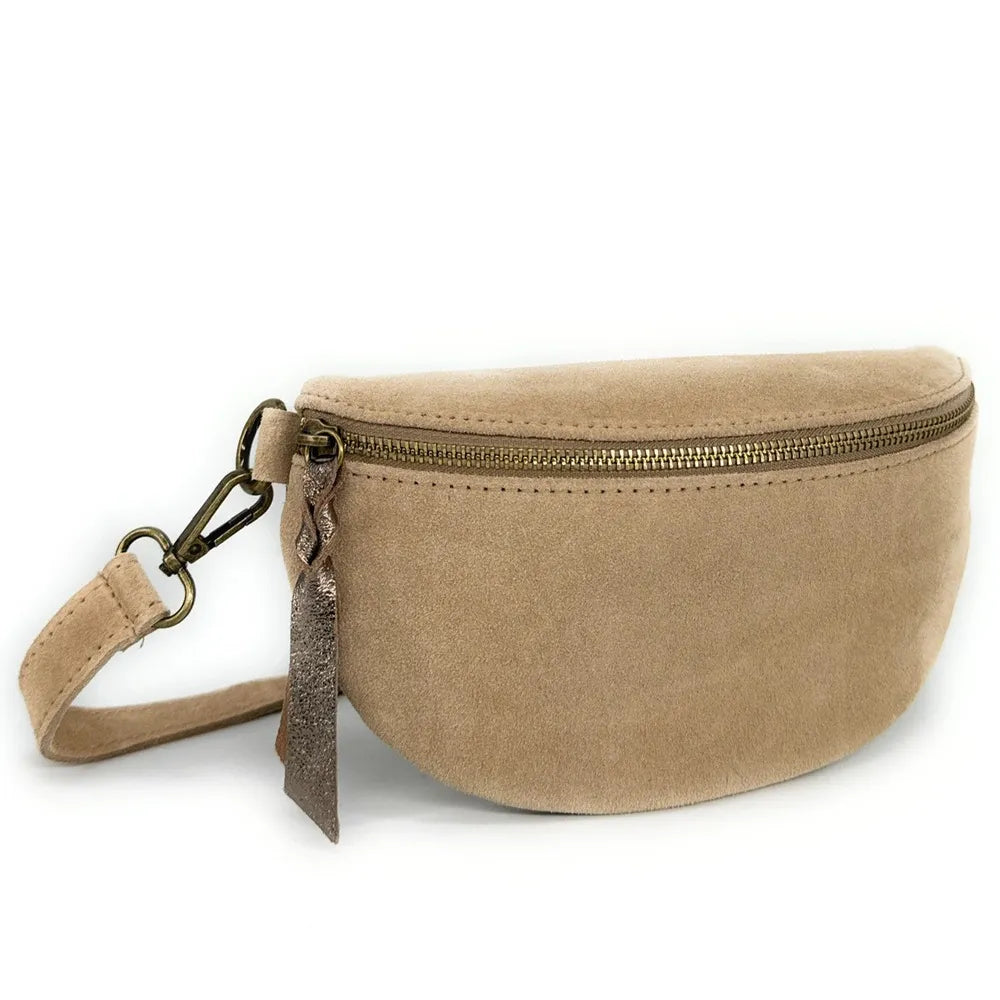 Sac banane en croûte de cuir LOU SUE Taupe clair