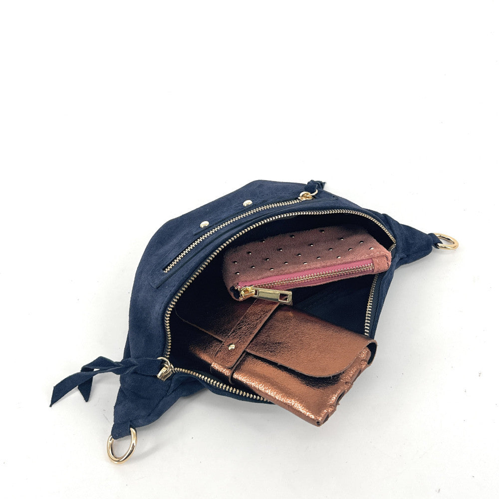 Sac banane en croûte de cuir LOUKA Bleu marine