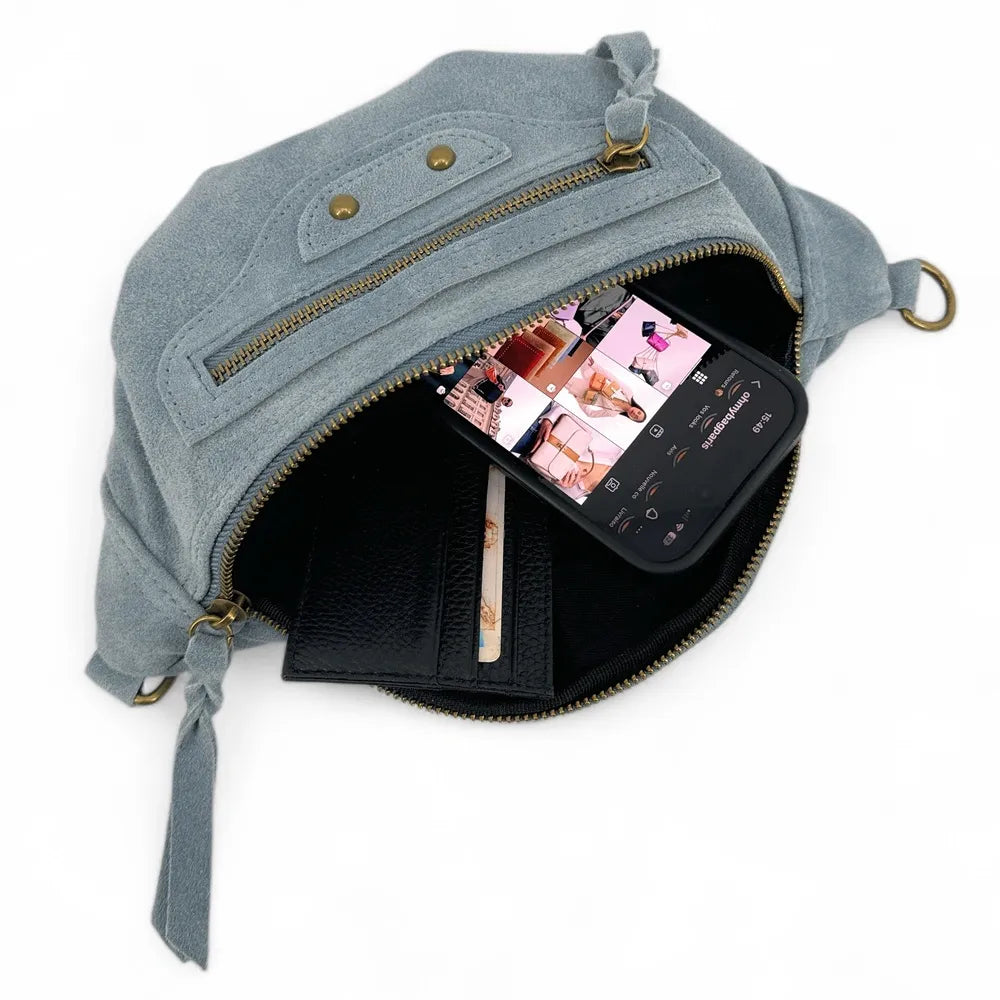 Sac banane en croûte de cuir LOUKA Bleu pastel