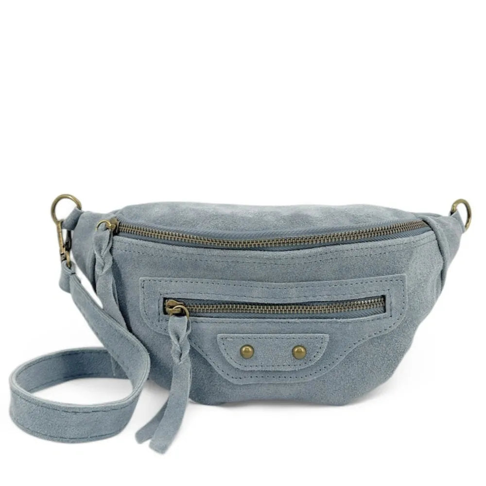 Sac banane en croûte de cuir LOUKA Bleu pastel