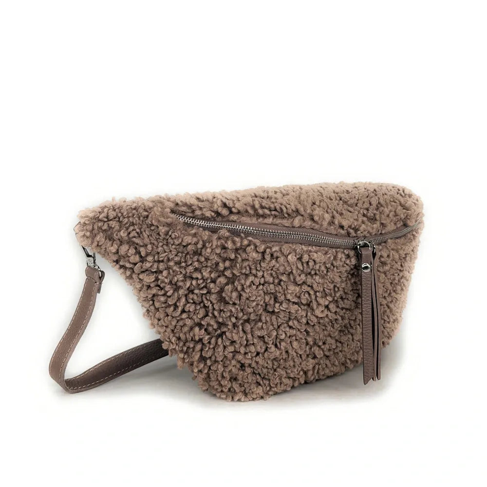 Sac banane géant en cuir et peluche LOU PILOU XXL Taupe foncé