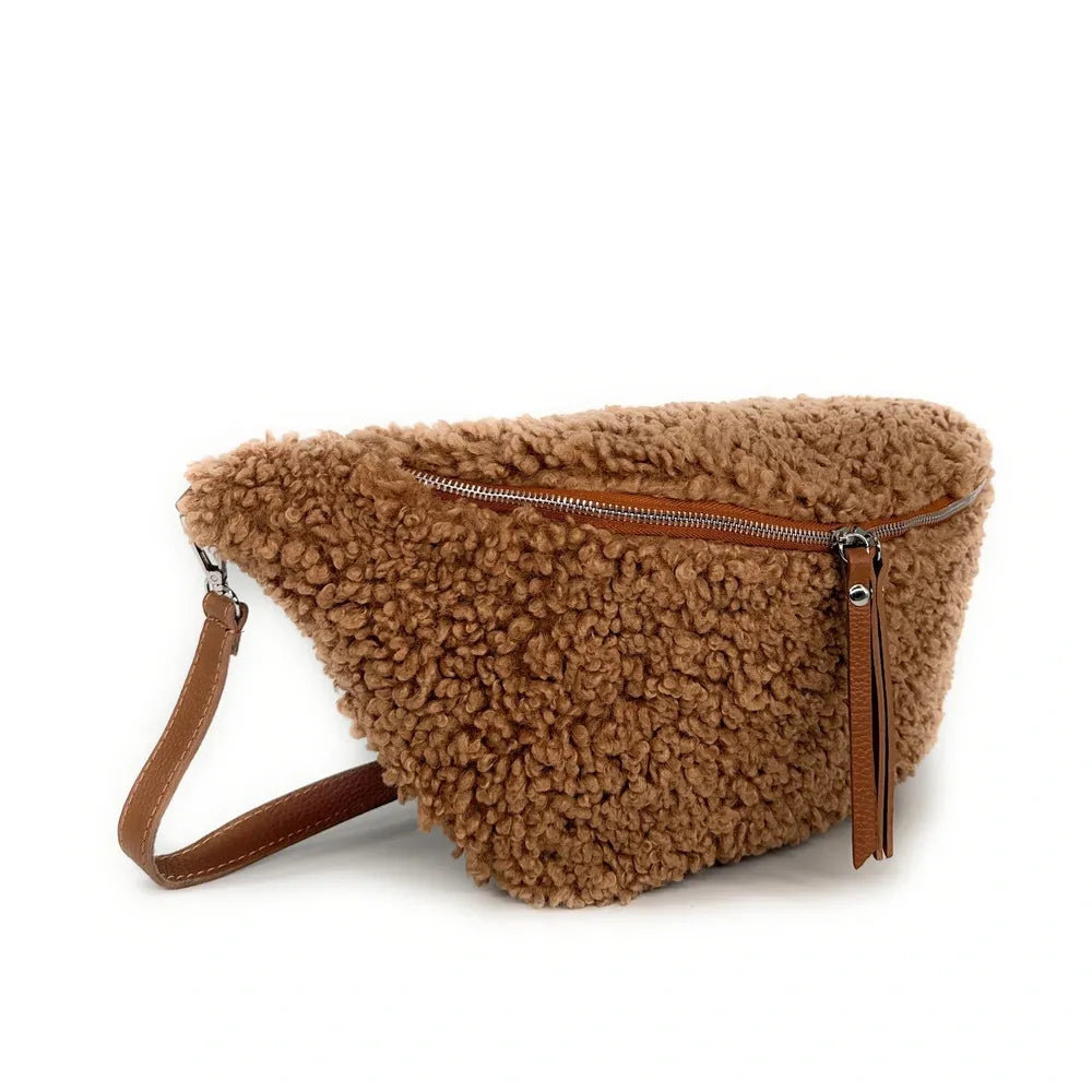 Sac banane géant en cuir et peluche LOU PILOU XXL Camel