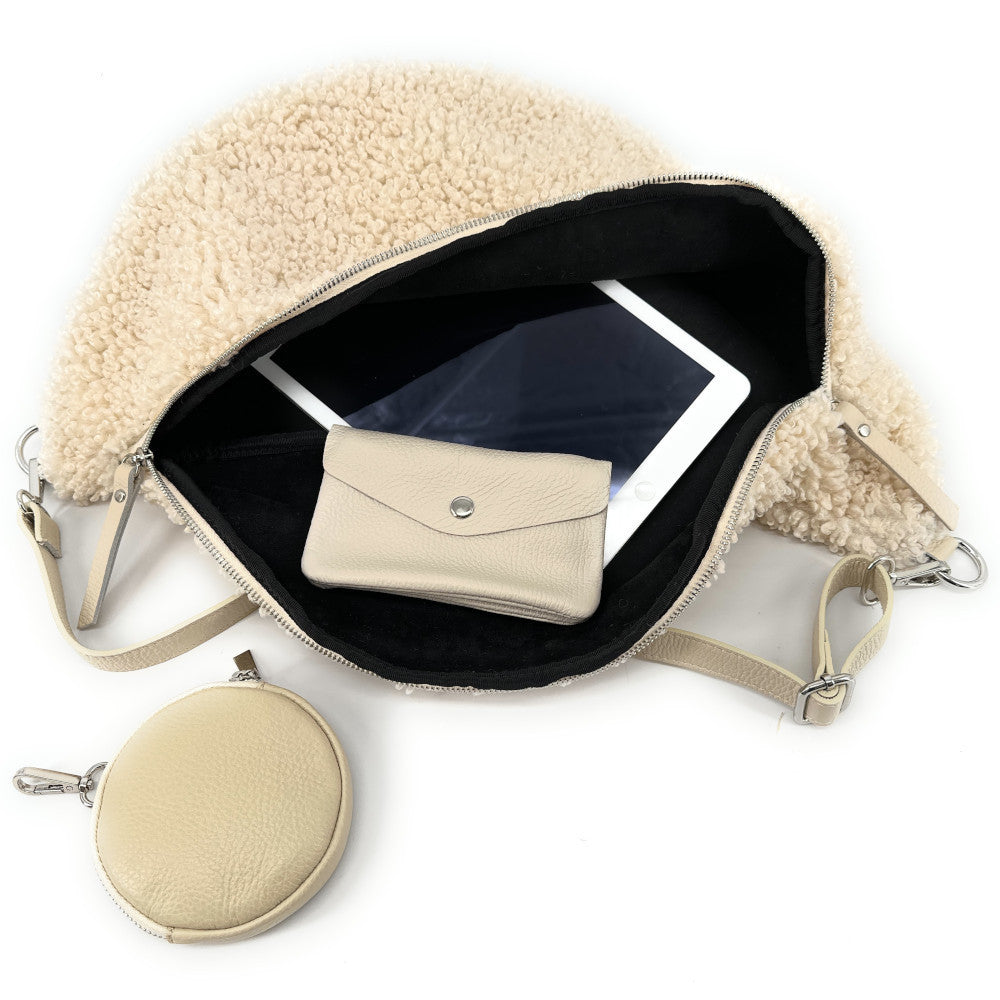 Sac banane géant en cuir et peluche LOU PILOU XXL Beige crème