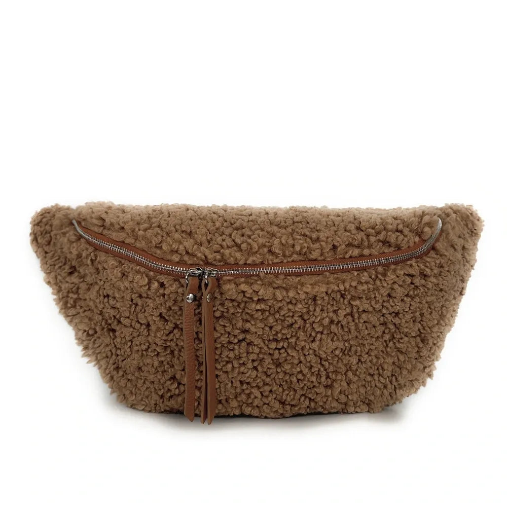 Sac banane géant en cuir et peluche LOU PILOU XXL Camel