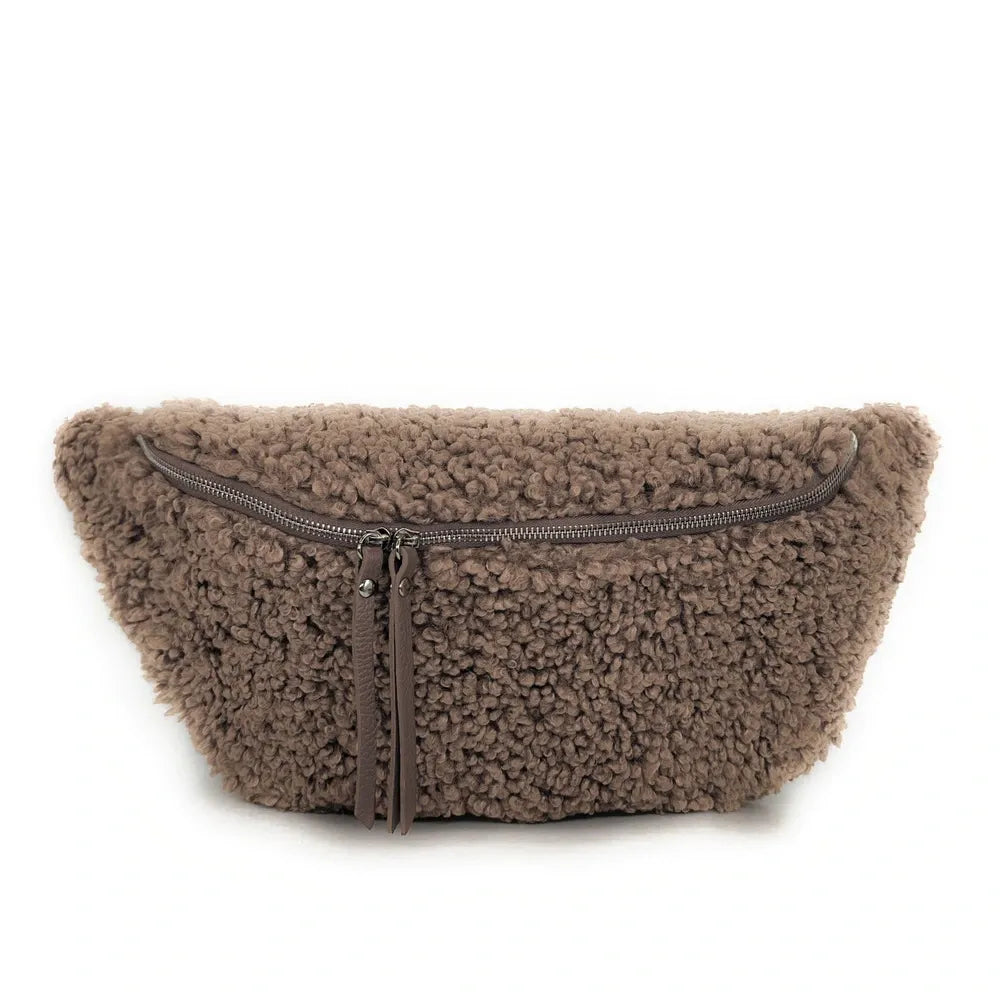 Sac banane géant en cuir et peluche LOU PILOU XXL Taupe foncé