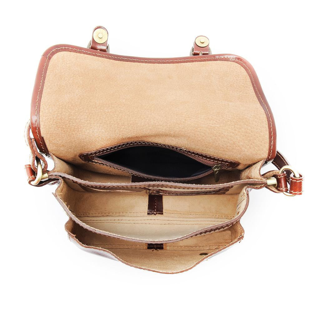 Sac bandoulière en cuir lisse NAGAÏ Cognac foncé