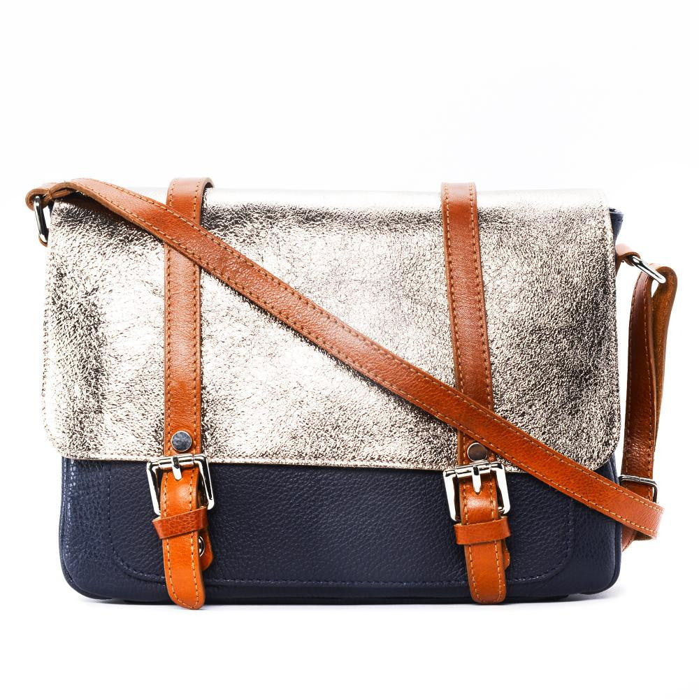 Sac bandoulière en cuir grainé et irisé BONIFACIO Bleu marine