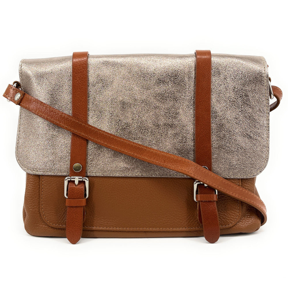 Sac bandoulière en cuir grainé et irisé BONIFACIO Camel foncé
