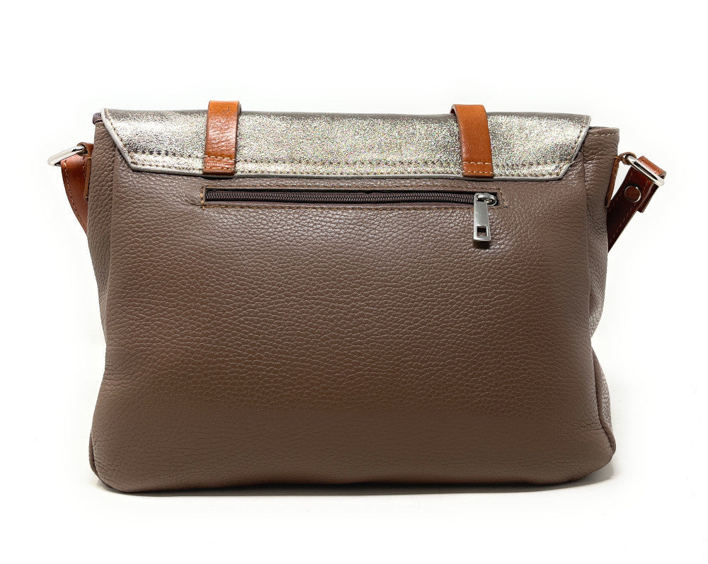 Sac bandoulière en cuir grainé et irisé BONIFACIO Taupe foncé