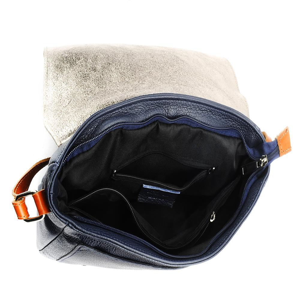 Sac bandoulière en cuir grainé et irisé BONIFACIO Bleu marine