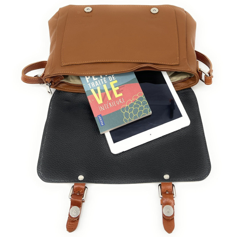 Sac bandoulière en cuir grainé et irisé BONIFACIO Camel foncé