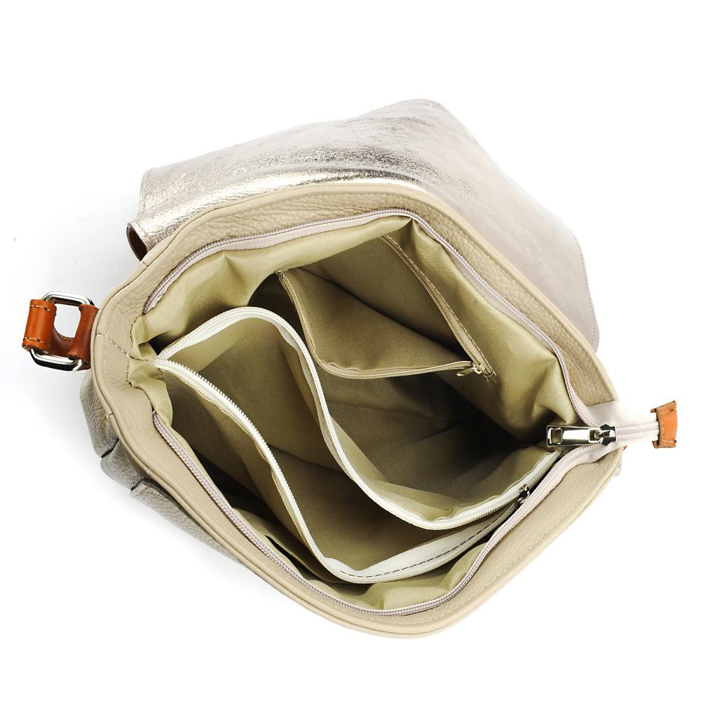 Sac bandoulière en cuir grainé et irisé BONIFACIO Taupe clair