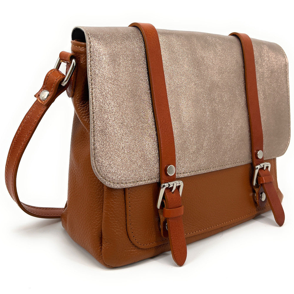 Sac bandoulière en cuir grainé et irisé BONIFACIO Camel foncé