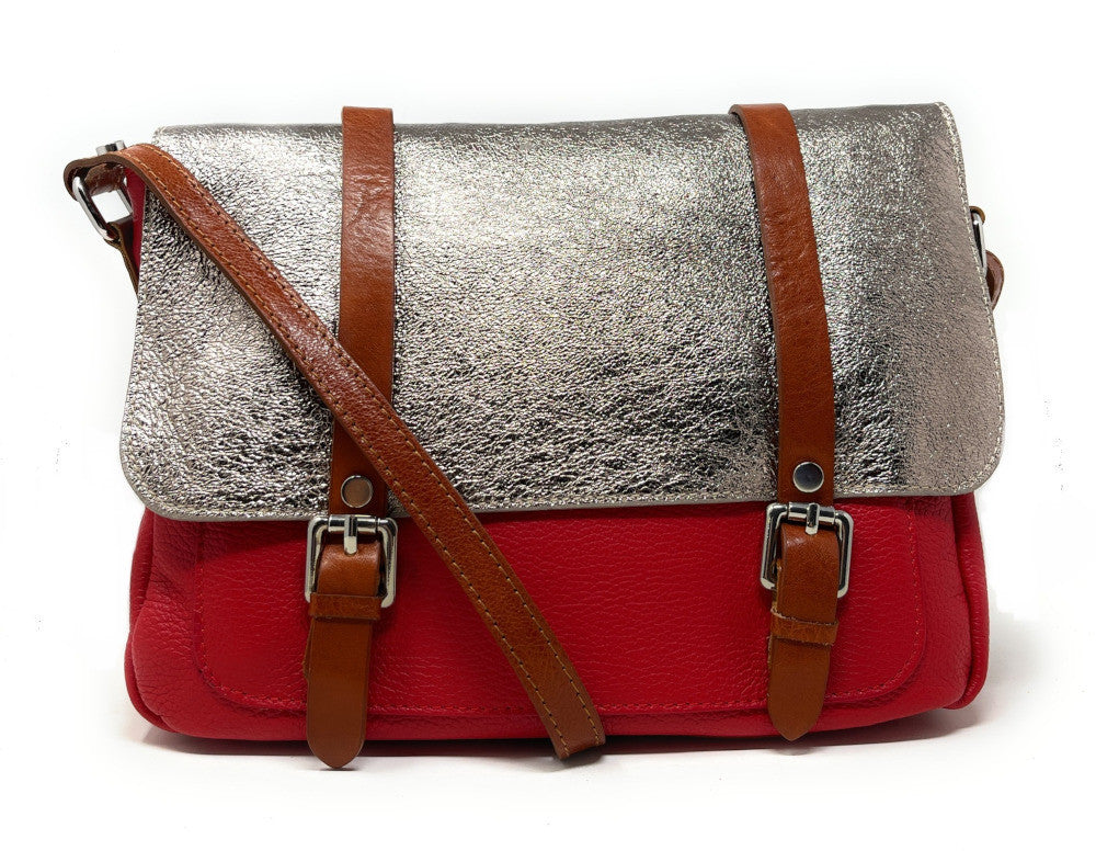 Sac bandoulière en cuir grainé et irisé BONIFACIO Rouge garance