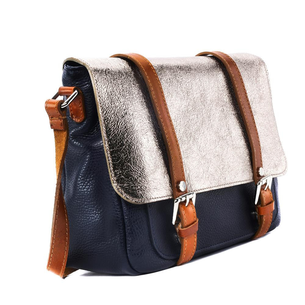 Sac bandoulière en cuir grainé et irisé BONIFACIO Bleu marine