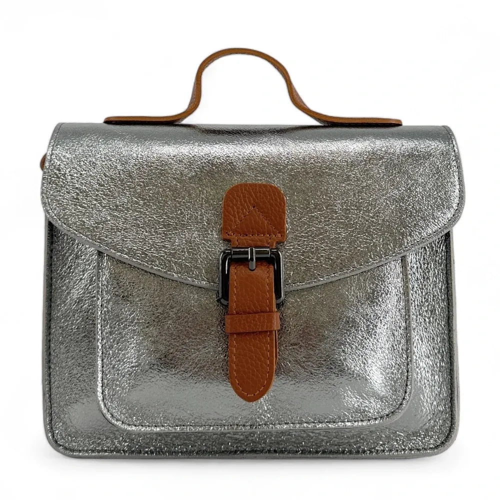 Sac cartable à bandoulière en cuir grainé et cuir irisé CORTE Argent moyen