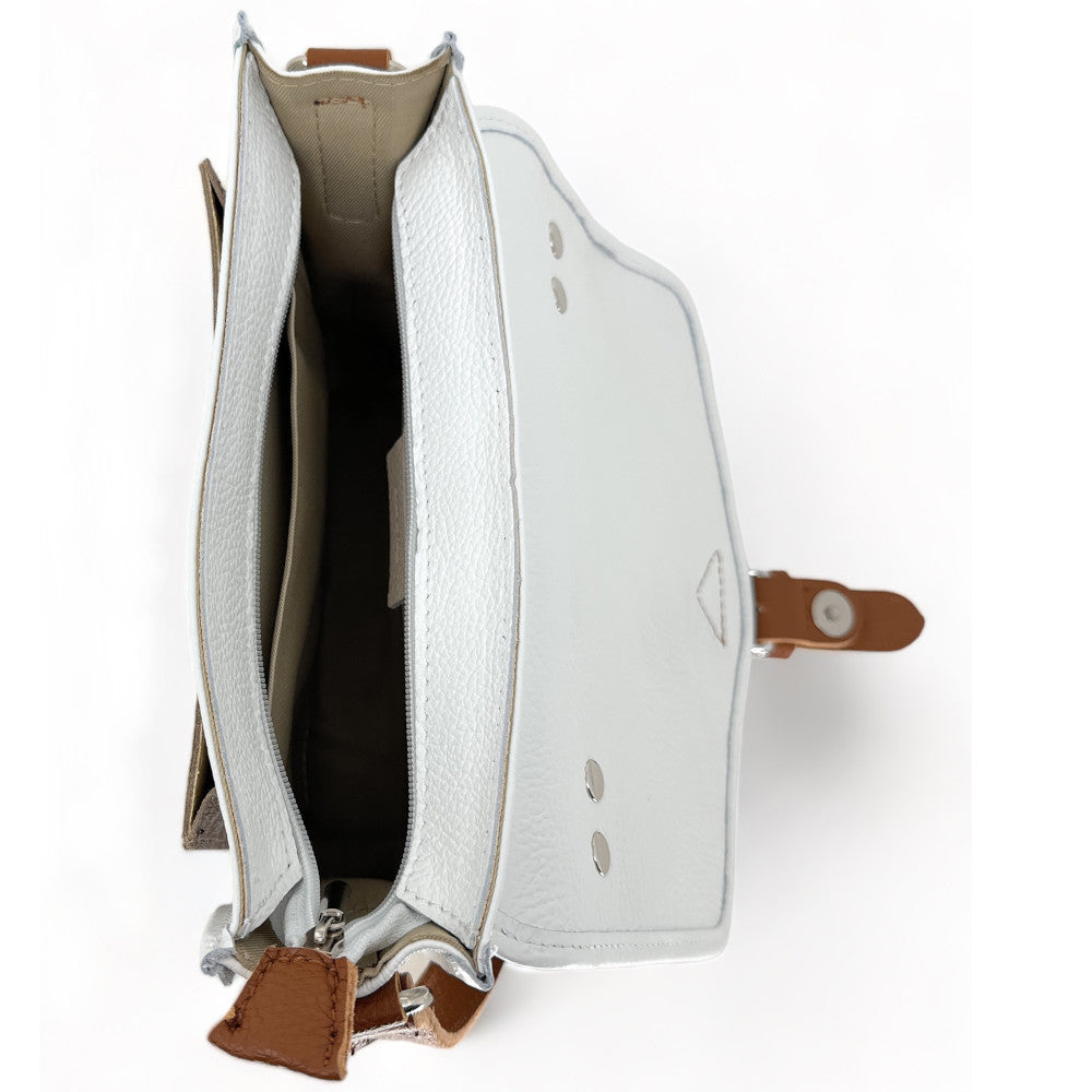 Sac cartable à bandoulière en cuir grainé et cuir irisé CORTE Blanc