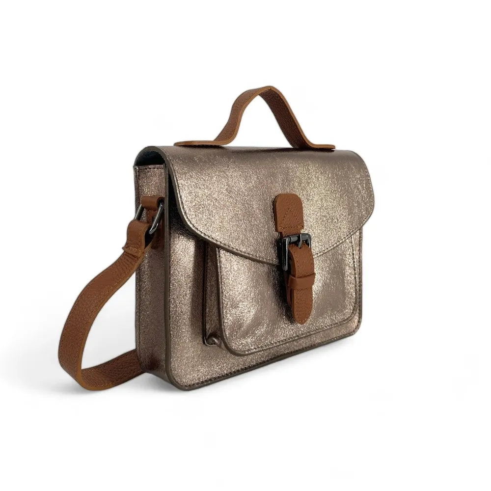 Sac cartable à bandoulière en cuir grainé et cuir irisé CORTE Champagne irisé