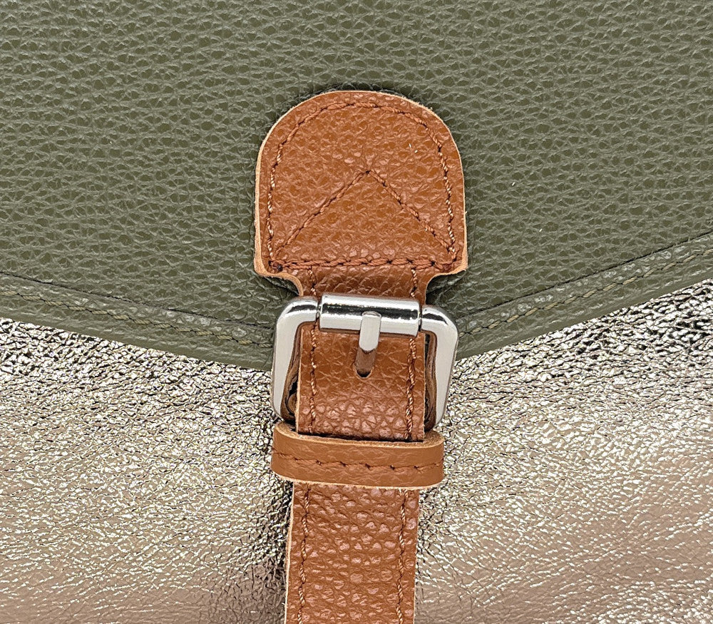 Sac cartable à bandoulière en cuir grainé et cuir irisé CORTE Kaki