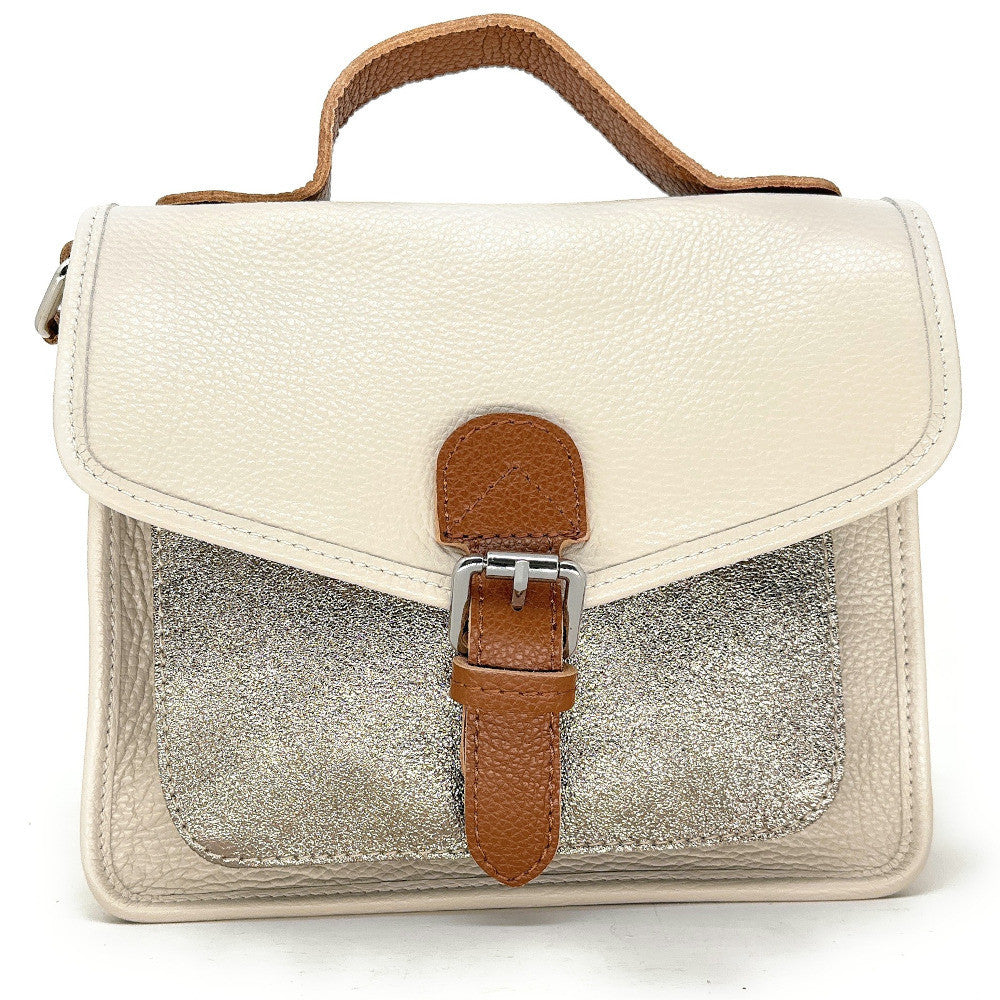 Sac cartable à bandoulière en cuir grainé et cuir irisé CORTE Beige crème