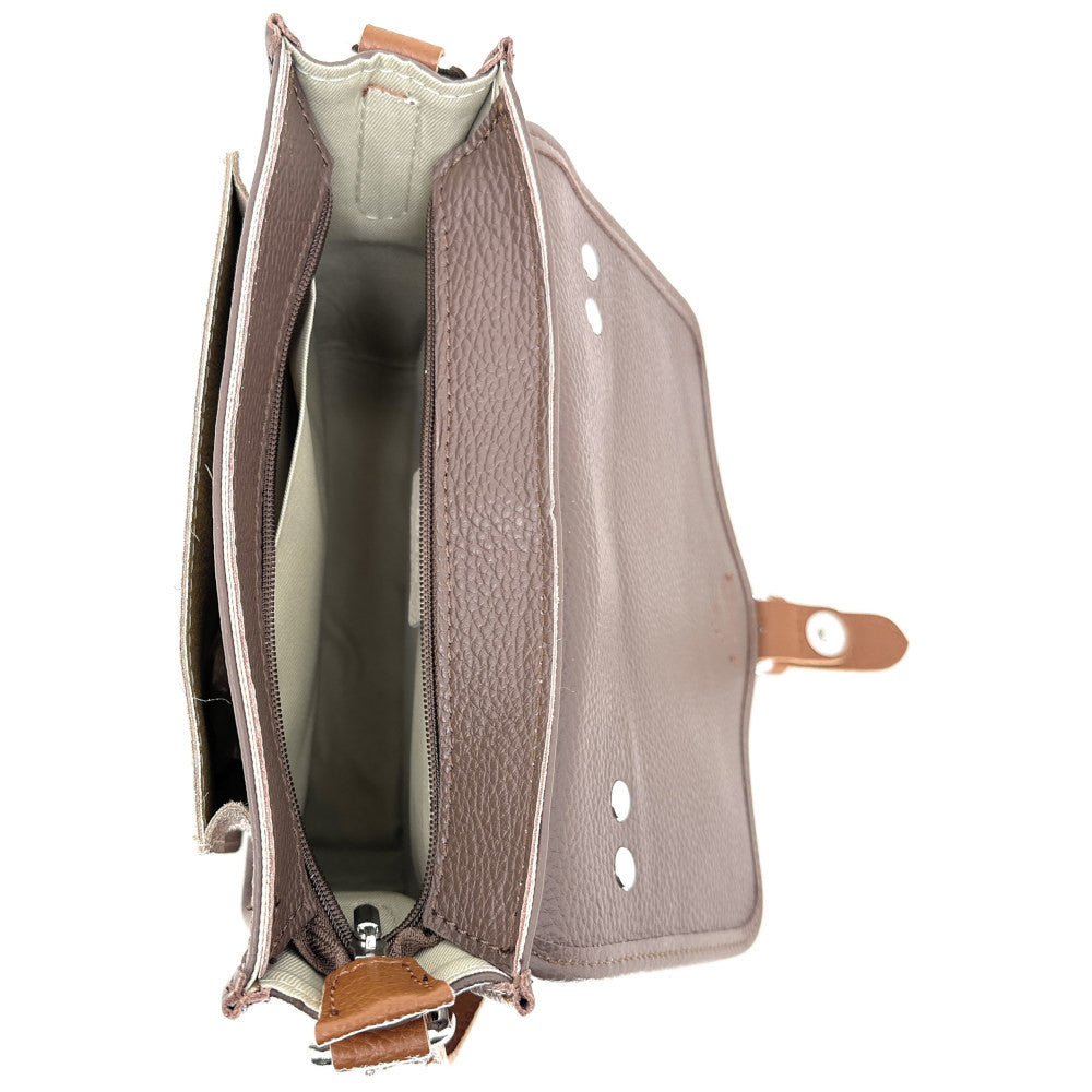 Sac cartable à bandoulière en cuir grainé et cuir irisé CORTE Taupe foncé