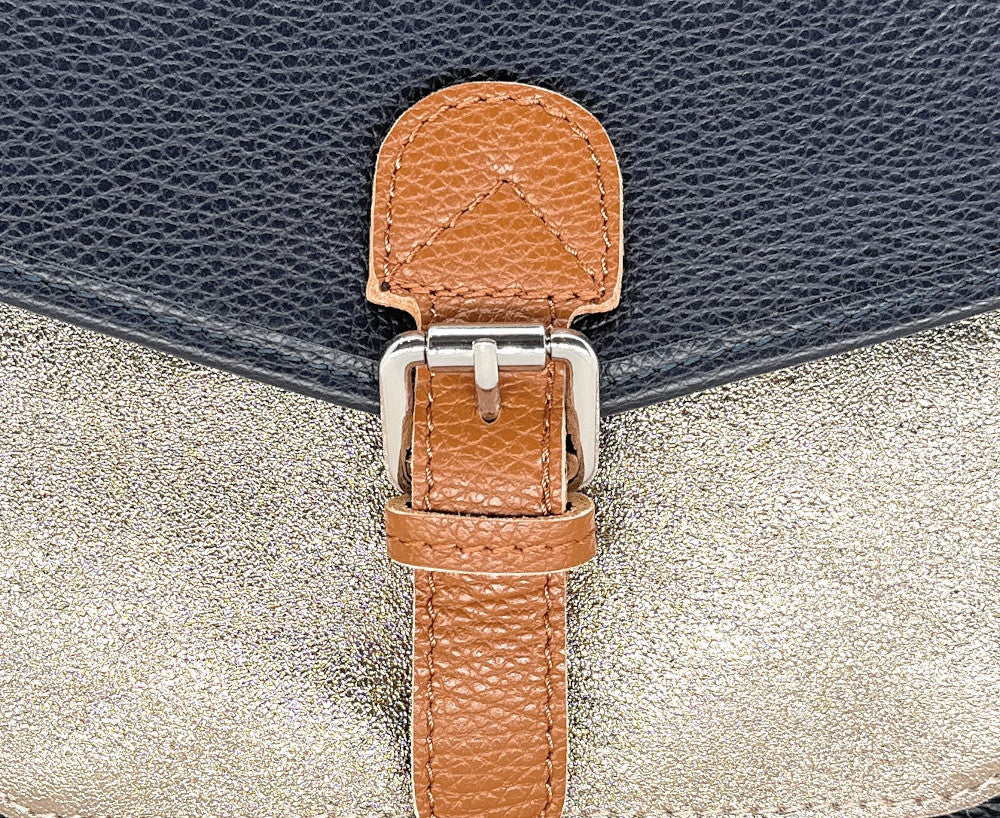 Sac cartable à bandoulière en cuir grainé et cuir irisé CORTE Bleu marine