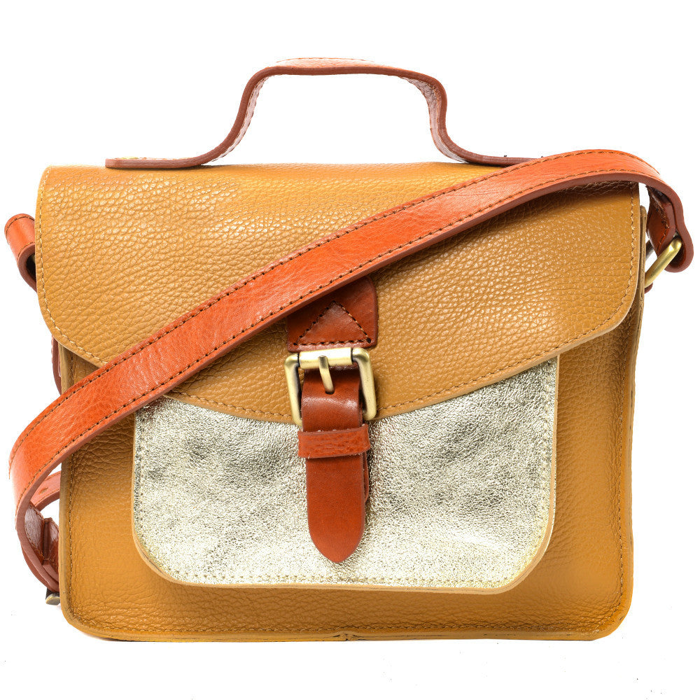 Sac cartable à bandoulière en cuir grainé et cuir irisé CORTE Camel