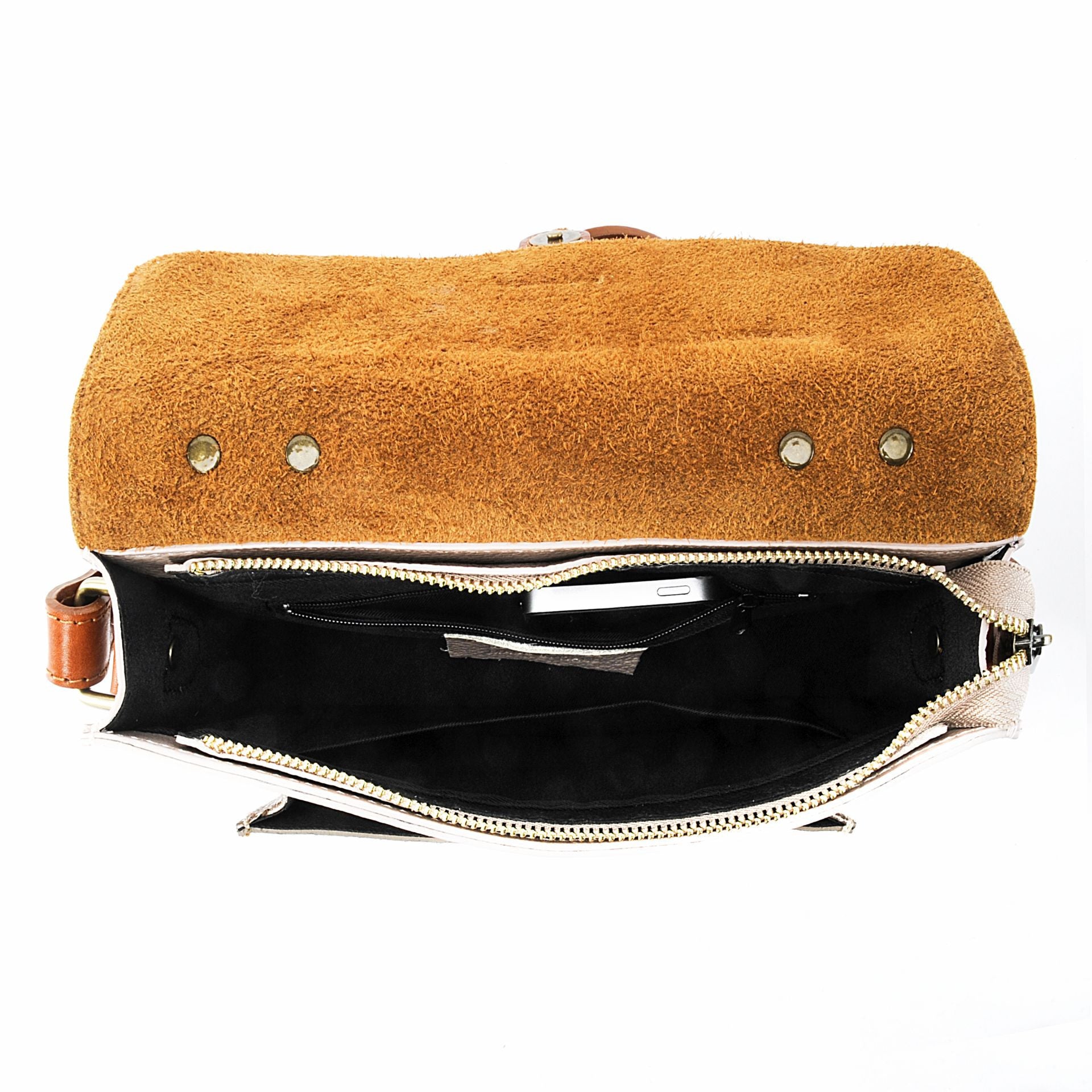 Sac cartable à bandoulière en cuir grainé et cuir irisé CORTE Rose nude