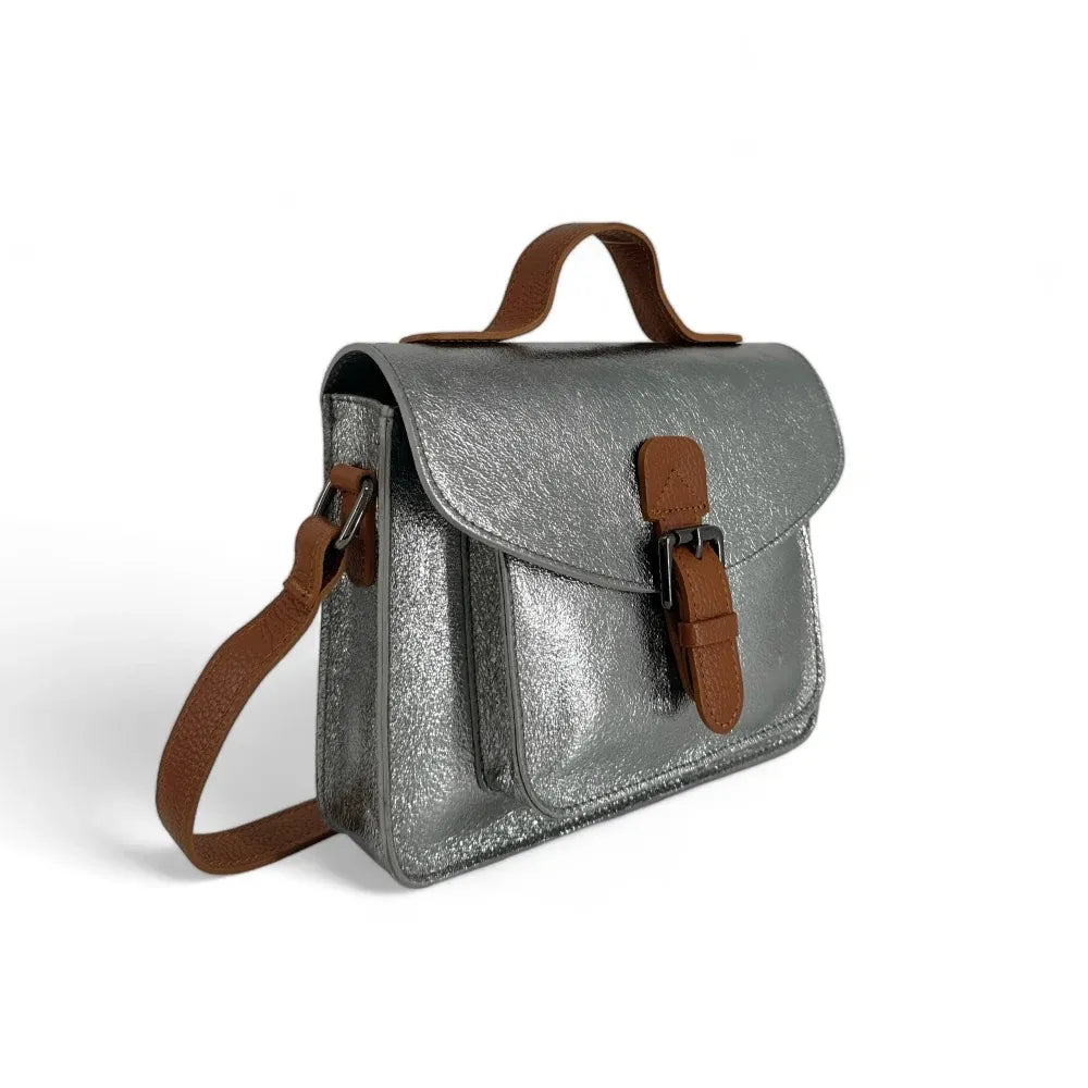 Sac cartable à bandoulière en cuir grainé et cuir irisé CORTE Argent moyen