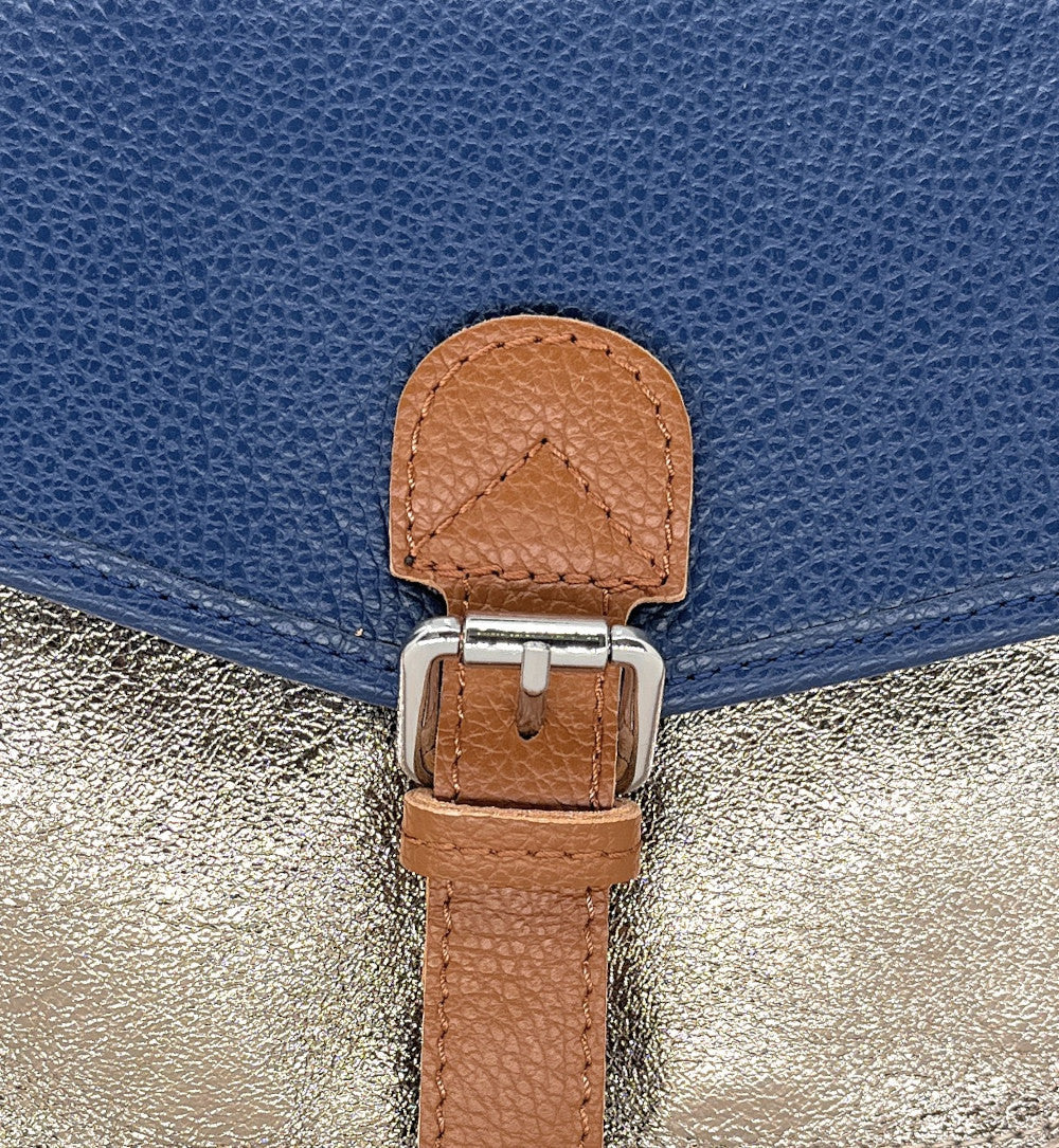 Sac cartable à bandoulière en cuir grainé et cuir irisé CORTE Bleu