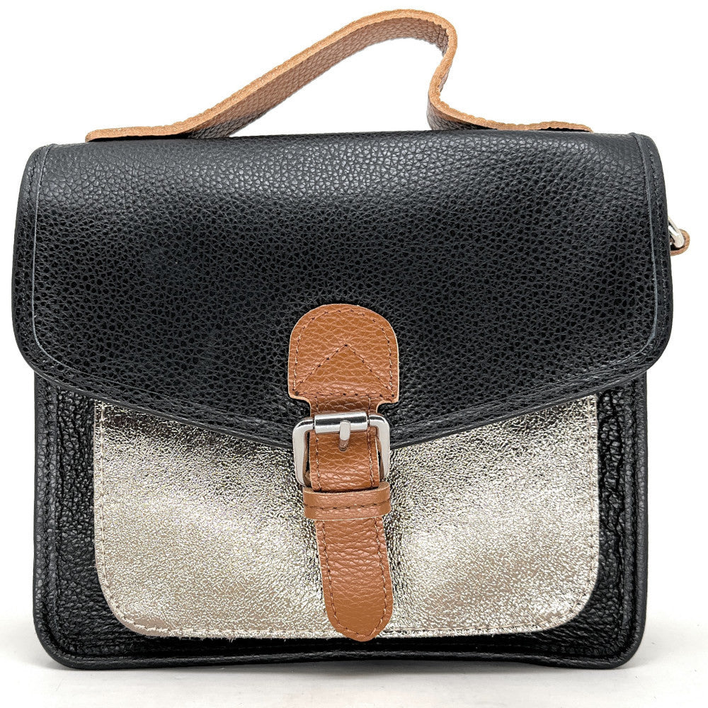 Sac cartable à bandoulière en cuir grainé et cuir irisé CORTE Noir