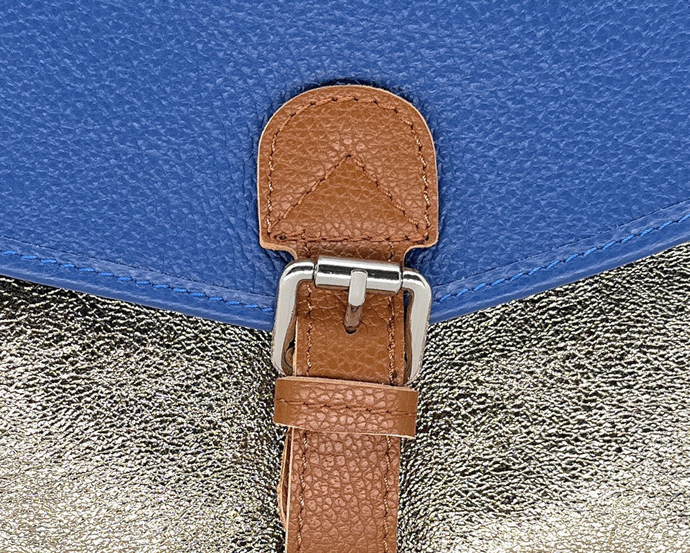 Sac cartable à bandoulière en cuir grainé et cuir irisé CORTE Bleu roi