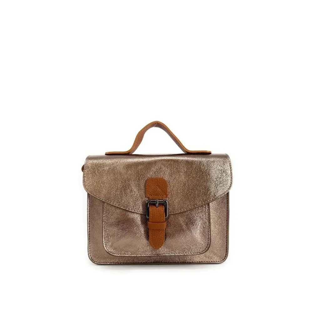 Sac cartable à bandoulière en cuir grainé et cuir irisé CORTE Champagne irisé