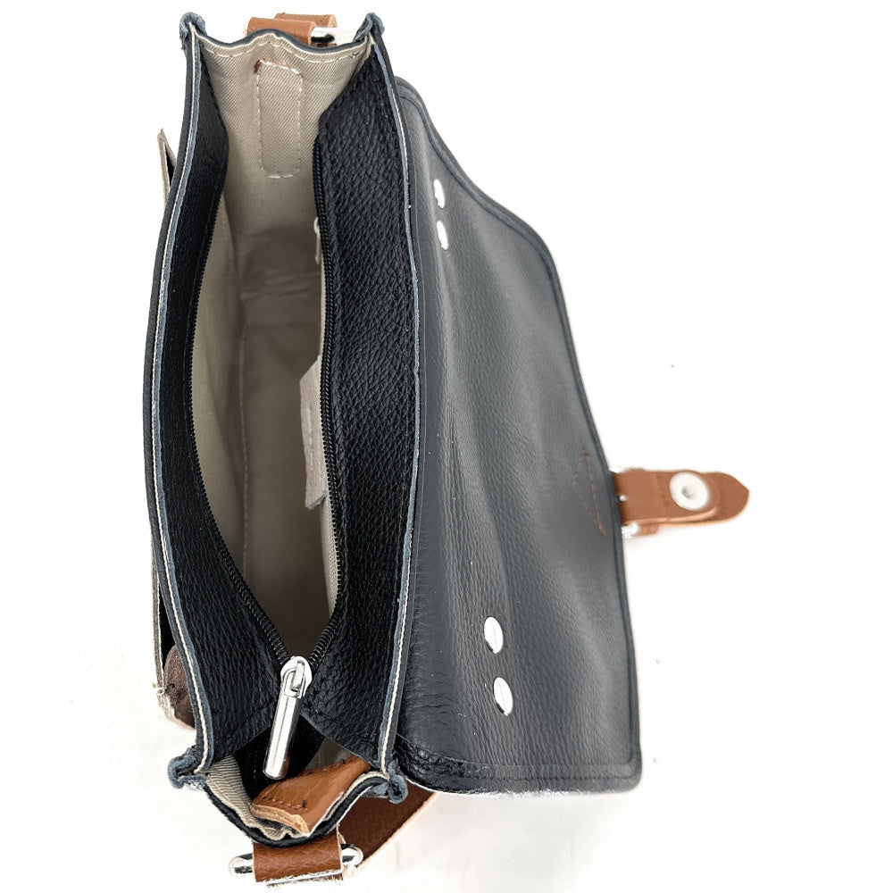 Sac cartable à bandoulière en cuir grainé et cuir irisé CORTE Noir
