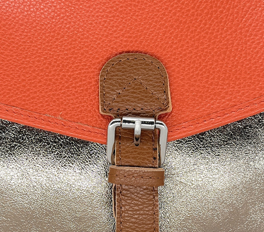 Sac cartable à bandoulière en cuir grainé et cuir irisé CORTE Mandarine