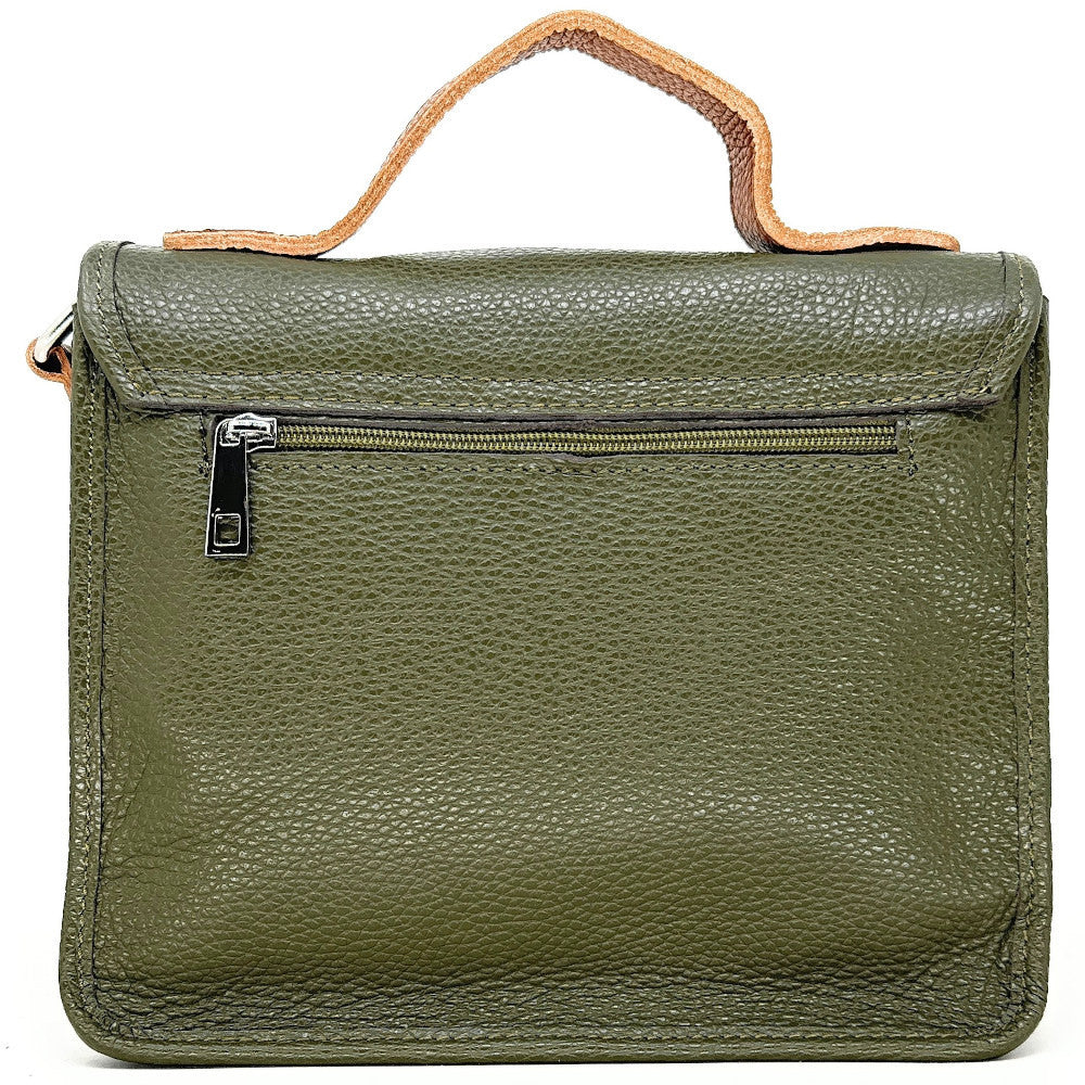 Sac cartable à bandoulière en cuir grainé et cuir irisé CORTE Kaki