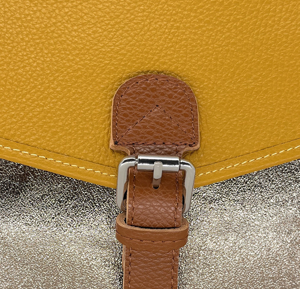 Sac cartable à bandoulière en cuir grainé et cuir irisé CORTE Jaune Moutarde
