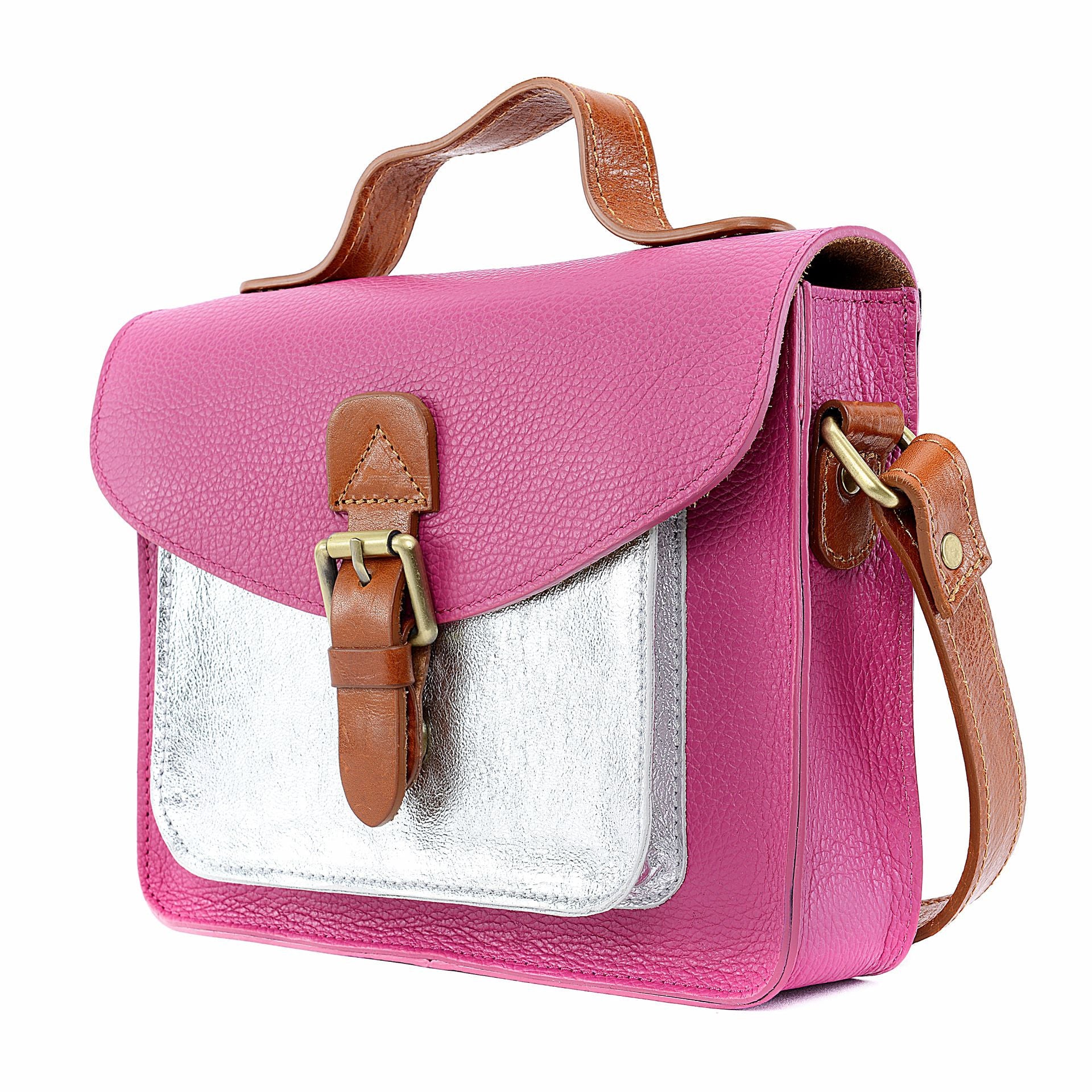 Sac cartable à bandoulière en cuir grainé et cuir irisé CORTE Rose fuchsia