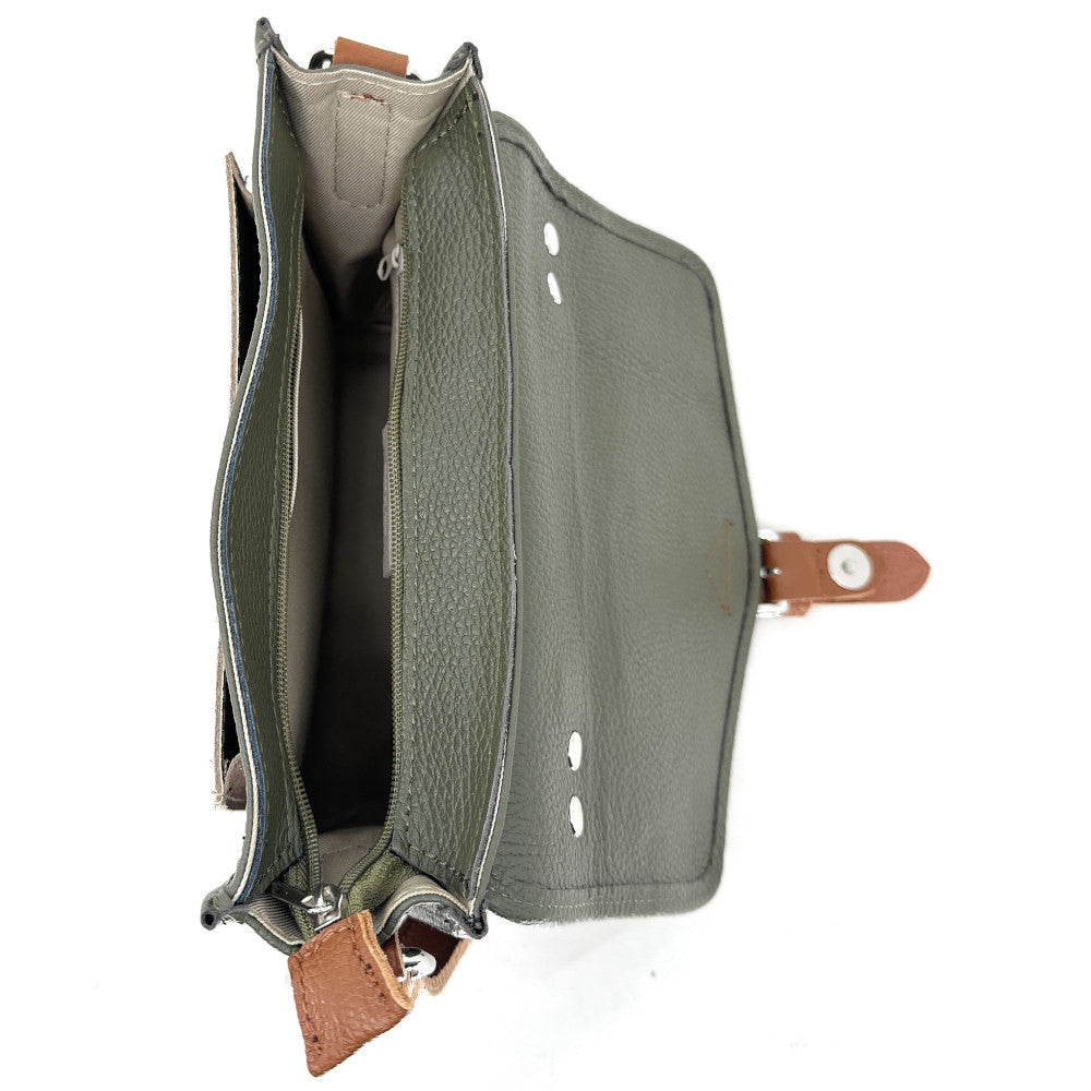 Sac cartable à bandoulière en cuir grainé et cuir irisé CORTE Kaki