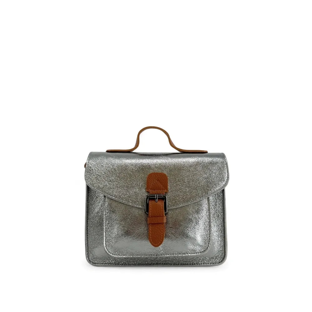Sac cartable à bandoulière en cuir grainé et cuir irisé CORTE Argent moyen