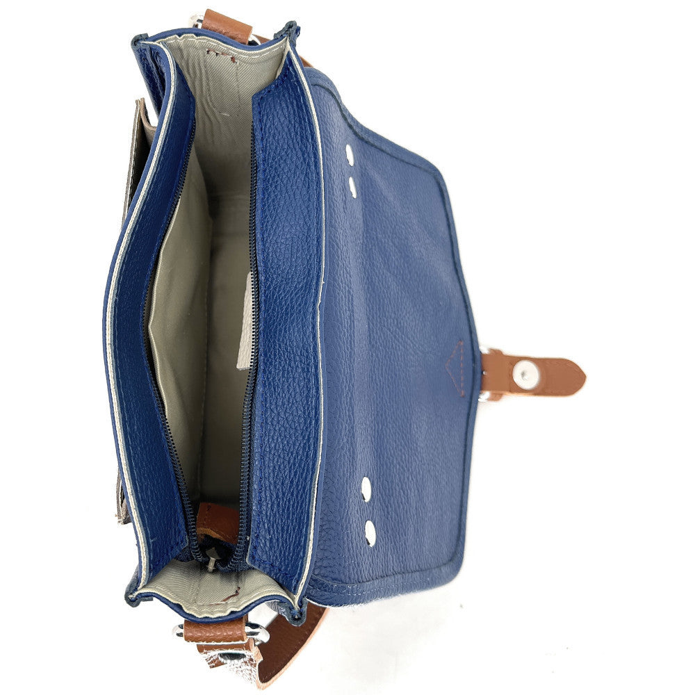 Sac cartable à bandoulière en cuir grainé et cuir irisé CORTE Bleu